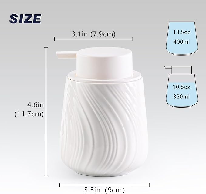 Foam Hand Soap Dispenser - 13.5 oz Ceramic foaming Hand soap Dispenser with Easy-to-Press Pump for Bathroom refillable Liquid Hand soap Dispenser (Foam-White)