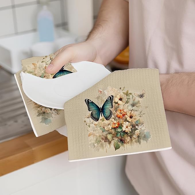 2 Pcs Vintage Floral Kitchen Towels, Artistic Butterfly Decorative Absorbent Microfiber Dish Cloth Tea Towel, Waffle Soft Hand Towels for Farmhouse Home Bathroom, Housewarming Gifts