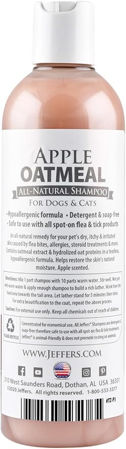 Jeffers Pet Apple Oatmeal Pet Shampoo for Dogs & Cats, 17 oz - Hypoallergenic, Tearless, Natural, Soap Free, Detergent Free, Best for Sensitive Skin, Dry Itchy Skin Relief, Fresh Apple Scent