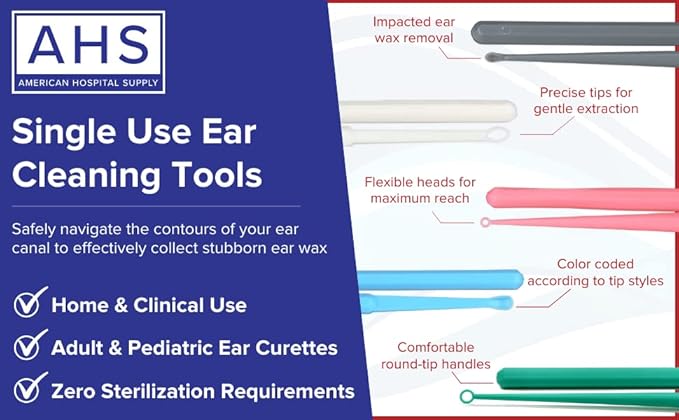 American Hospital Supply Ear Curettes | Ear Pick Wax Removal Tool Cleaner | Individually Wrapped Plastic Ear Cleaner Tools for Teens Adult Pack of 75 (15 of Each Tip Style)