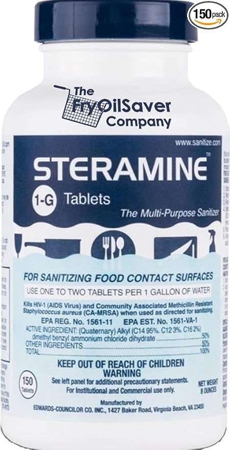 1 Bottle Steramine Sanitizer Tablets - Multi Purpose Steramine Sanitizing Tablets for Food Contact Surfaces in Kitchen, Diners, Hotels, Restaurants & Food Trucks by FryOilSaver Co. (150 Count)