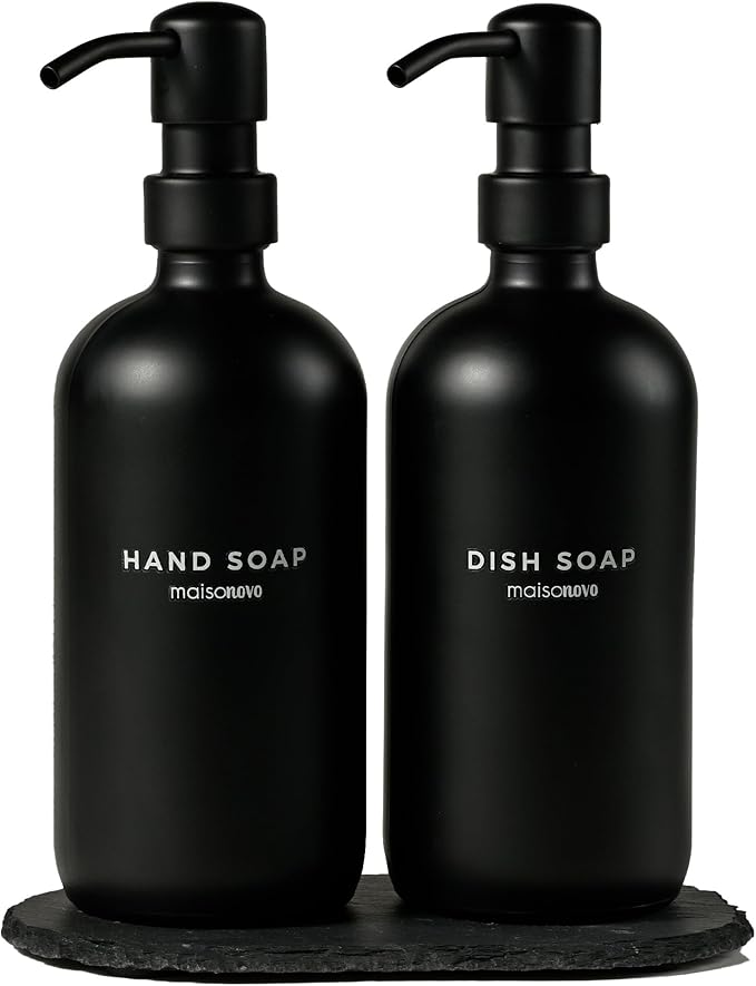 MaisoNovo Soap Dispenser 3-Piece Set | 16.9oz Black Bottles with Black Stainless Steel Pumps