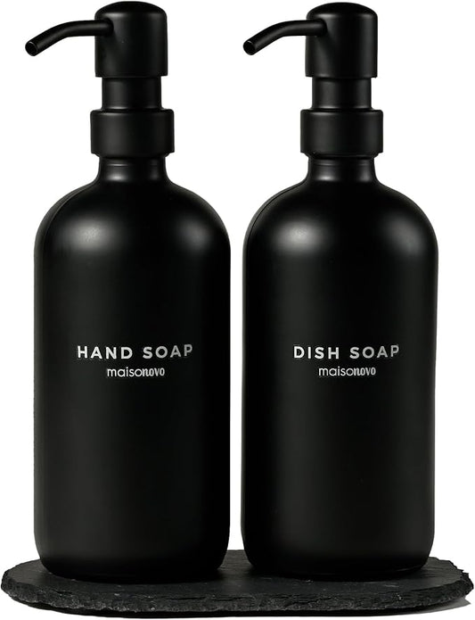 MaisoNovo Soap Dispenser 3-Piece Set | 16.9oz Black Bottles with Black Stainless Steel Pumps