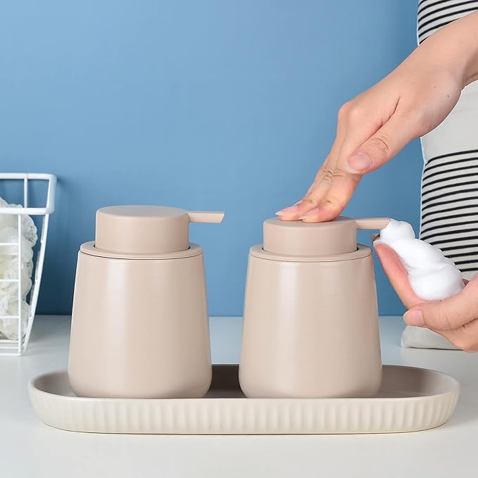 BosilunLife Foam Hand Soap Dispenser - 12 oz Bathroom Lotion Pump for Kitchen and Hand Wash - Khaki Ceramic Dish Liquid Dispenser