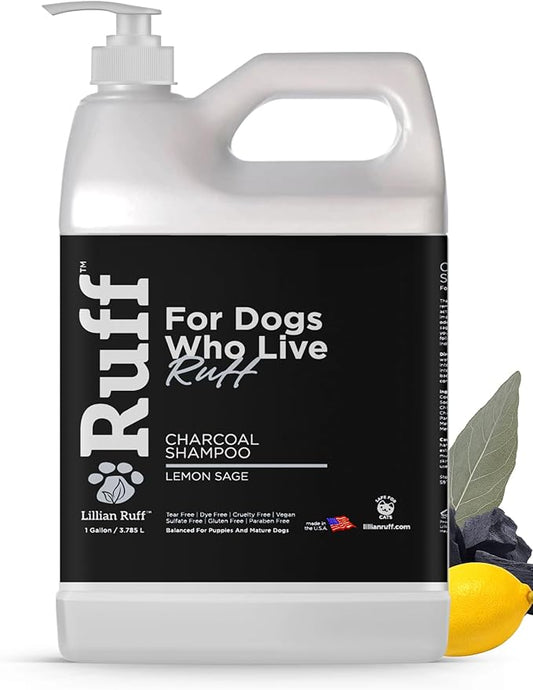 Ruff by Lillian Ruff Activated Charcoal Pet Shampoo – Lemon Sage – Deep Cleanser, Deodorizer & Stain Remover – Hydrates Dry Itchy Skin – Puppy & Dog Safe – USA Made (Gallon Pump)