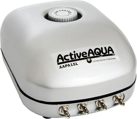 Hydrofarm AAPA15L Active Aqua, 4 Outlets, 6W, 15 L/min Air Pump, Silver,Grey