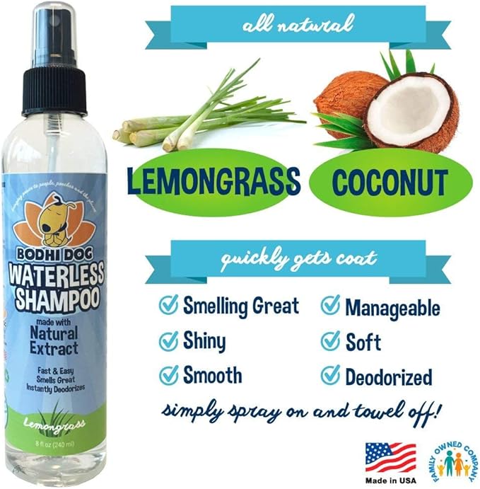 Bodhi Dog Waterless Shampoo for Dogs & Cats - Natural Dry Shampoo, Neutralizes Odor, No Rinse Needed, Safe for All Breeds - Made in USA - Lemongrass Scent (8 Fl Oz)