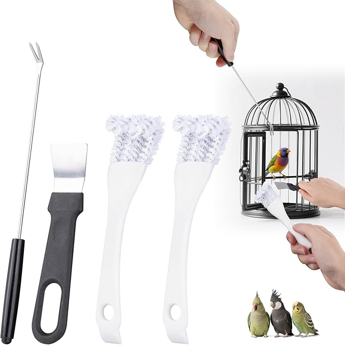 Bird Cage Cleaning Brush Tool Set, Bird Cage Cleaner Brush Kit, Bird Cage Cleaning Brush with Long Handle, Bird Cage Accessories,Poop Remover for Cleaning Poop in Pet Cages,Parrot Cages & Bird Perches