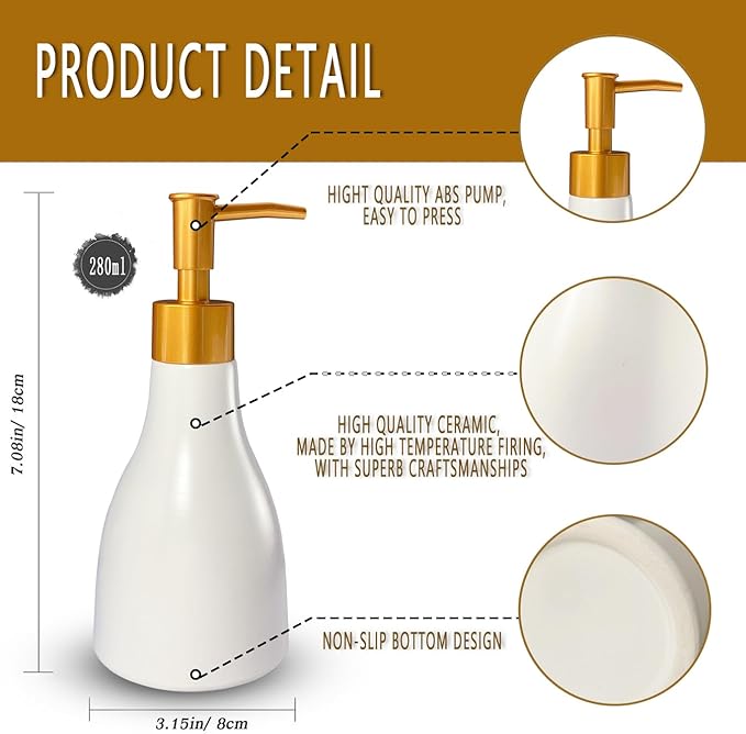 280ml Liquid Soap Dispenser for Bathroom with Gold Pump,Dish Dispenser for Kitchen,Refillable Countertop Lotion Dispenser, Ceramics White Hand Soap Dispenser(Cone White Bottle)