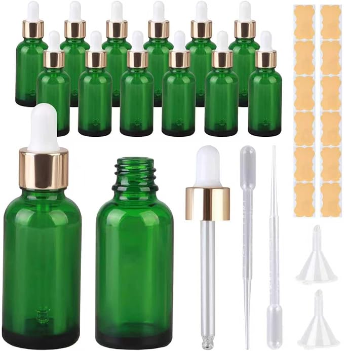 1 oz Dropper Bottles for Essential Oils，12Pack Green Glass Bottles with Glass Eye Dropper Leak Proof Travel Dispenser Bottle for Essential Oils,tincture, Aromatherapy, Chemistry Lab Chemicals