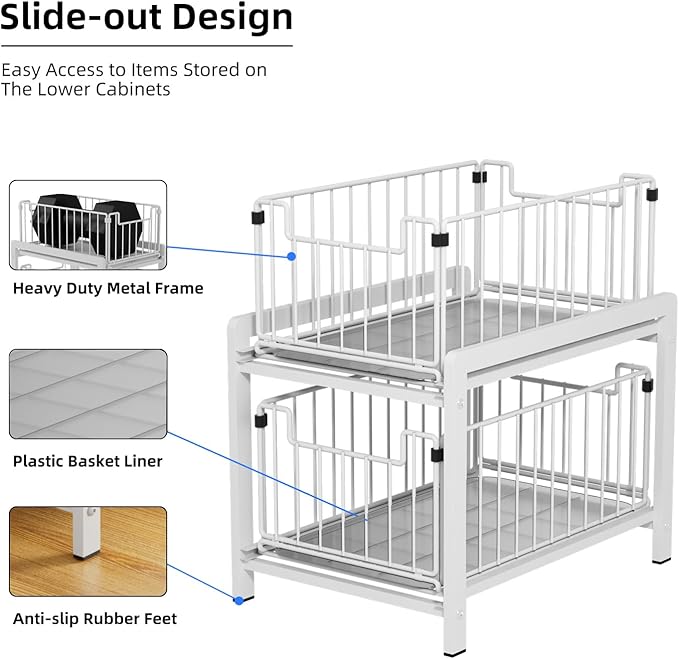 2 Tier Sliding Basket Drawer Organizer, Lxmons Pull Out Under Sink Cabinets Organizers, Metal Home Shelf for Bathroom or Kitchen, Sliding Countertop or Pantry Storage Shelf, Large White