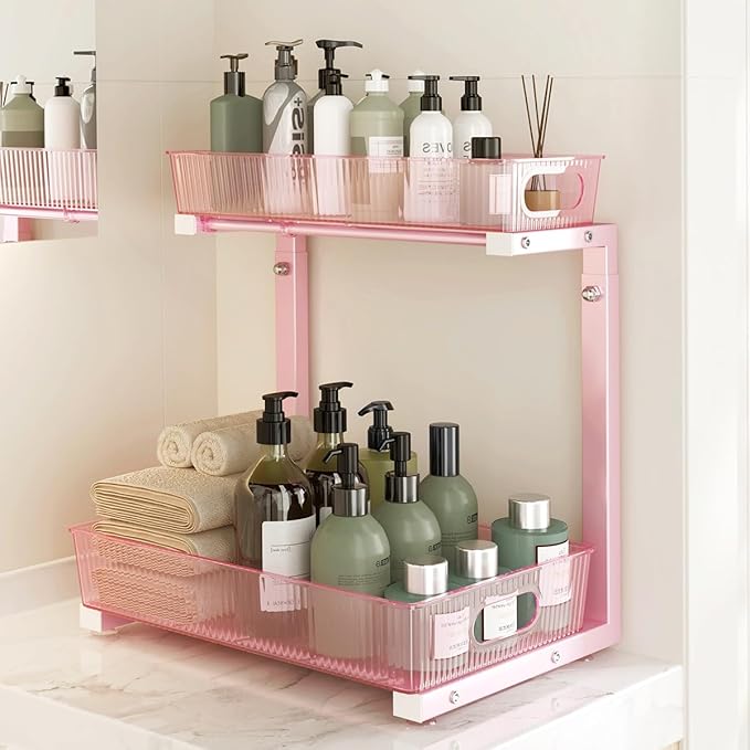 Under Sink Organizer, Under Sink Organizers and Storage with Adjustable Height and PET Basket, Pull Out Under Cabinet Organizer for Counter Kitchen, Vanity, Laundry, Pantry (2Packs)