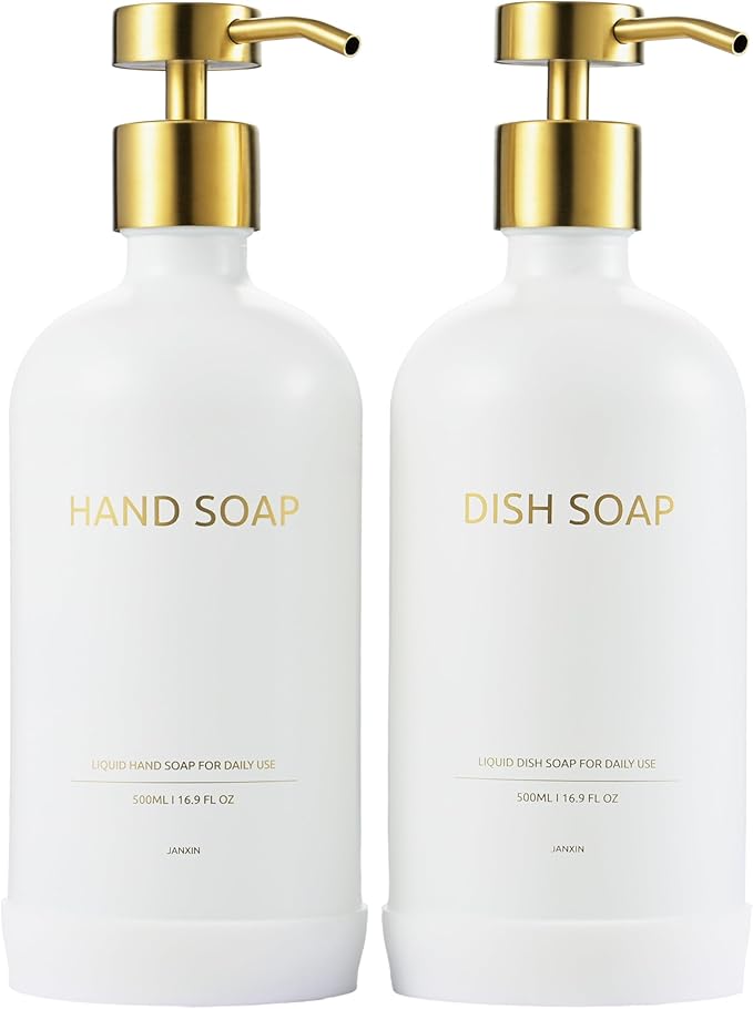 Soap Dispenser Set with Non-Slip Protective Silicone Pad, Hand Soap Dispenser for Bathroom and Kitchen Decor, White and Gold Accessories (White Bottles + Gold Pumps)