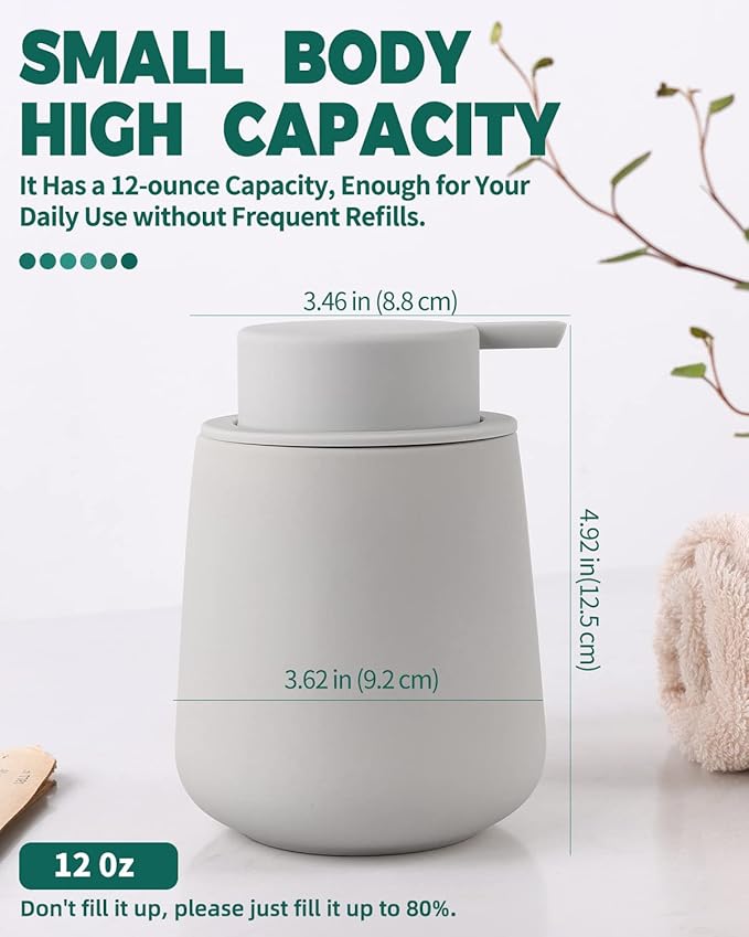 Bosilunlife Soap Dispenser Bathroom - Light Grey Ceramic Soap Dispenser Lotion Pump Dish Soap Dispenser for Kitchen 12oz Refillable Liquid Hand Wash Dispenser for Bathroom (Rubber Paint)