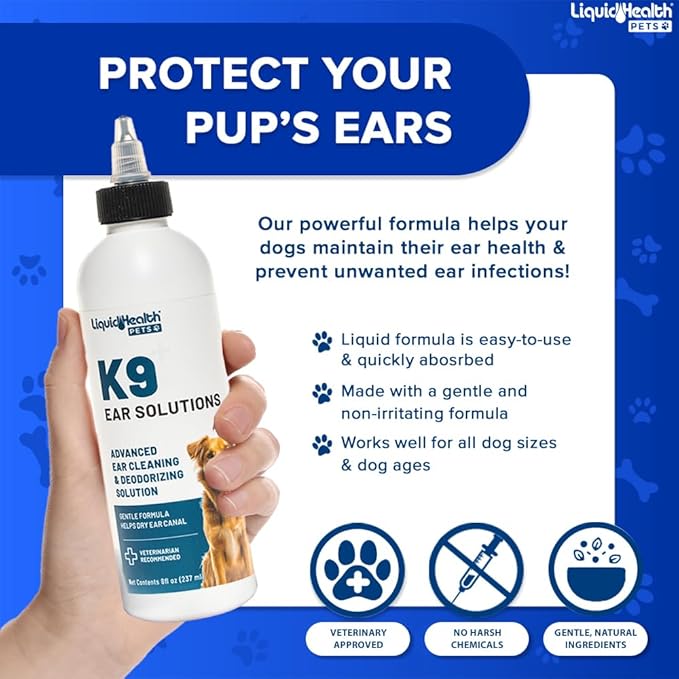 LIQUIDHEALTH Pets K9 Dog Ear Cleaner Wash Solutions - Infection Cleaning Hygiene Treatment Liquid Drops for Dogs, Canines, Puppies - for Use After Swimming or Bathing - Made in The USA (8 oz, 1Pack)