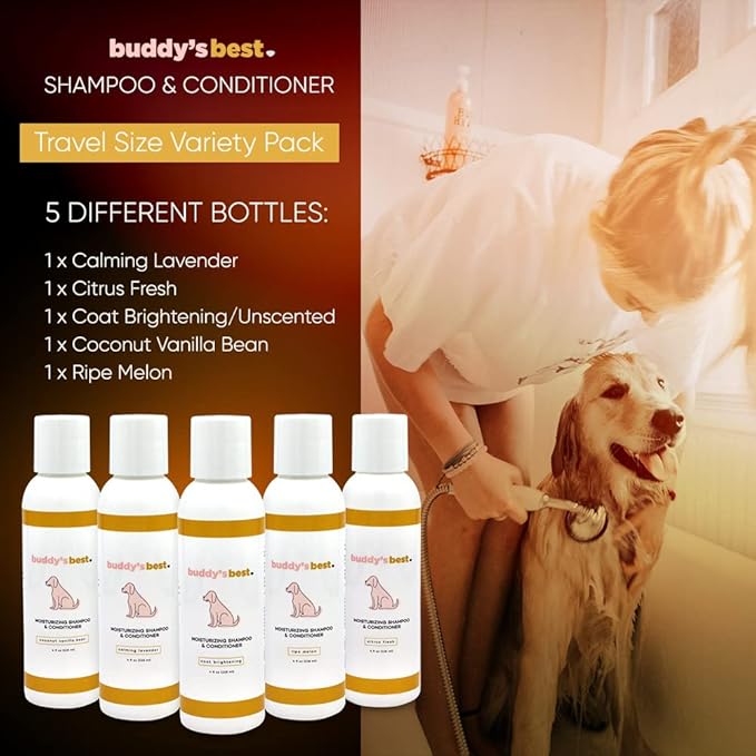 Buddy’s Best 4oz Variety Pack Dog Shampoo and Conditioner with Shea Butter, Oatmeal, Biotin, and Aloe Vera, Alcohol-Free Deep Moisturizer for Dry, Itchy Skin and Coats
