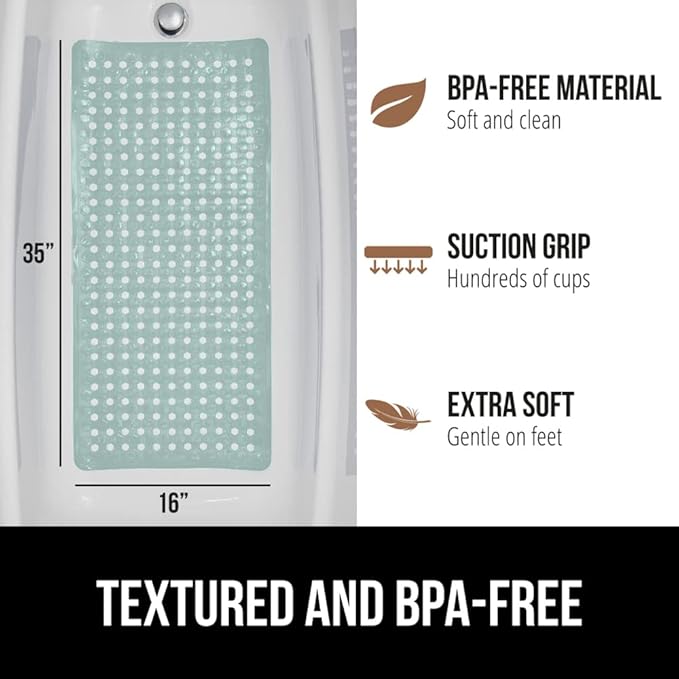 GORILLA GRIP Patented Bath Tub Shower Mat, Machine Washable Bathtub Floor Liner Mats, Suction Cups and Drain Holes to Keep Tubs Clean, Soft on Feet, Bathroom Essentials, 35x16 Inch, Mint Opaque