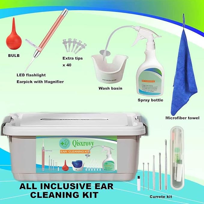 Ear Wax Removal Tool, Ear Cleaning Kits Safe Ear Irrigation Kit Ear Flush Kit for Adults Kids, Ear Wax Washer Device with LED Earwax Spoon, Basin, Bulb, Curette Kit, Towel, Tips, Storage Box White