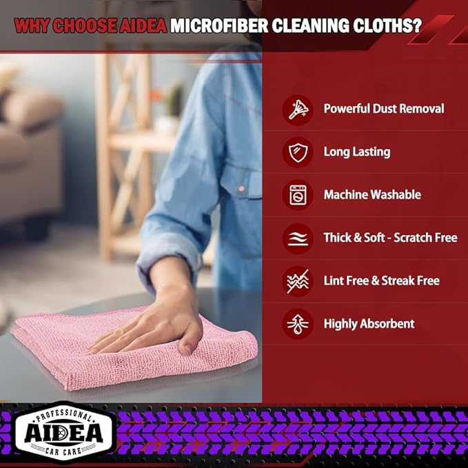 AIDEA Microfiber Cleaning Cloth Pink 10PK, Microfiber Towels for Cars, Premium Car Cloths, Dusting Cloth Lint Free Cleaning Rags for SUVs, House, Kitchen, Window, Workshops,12×12"