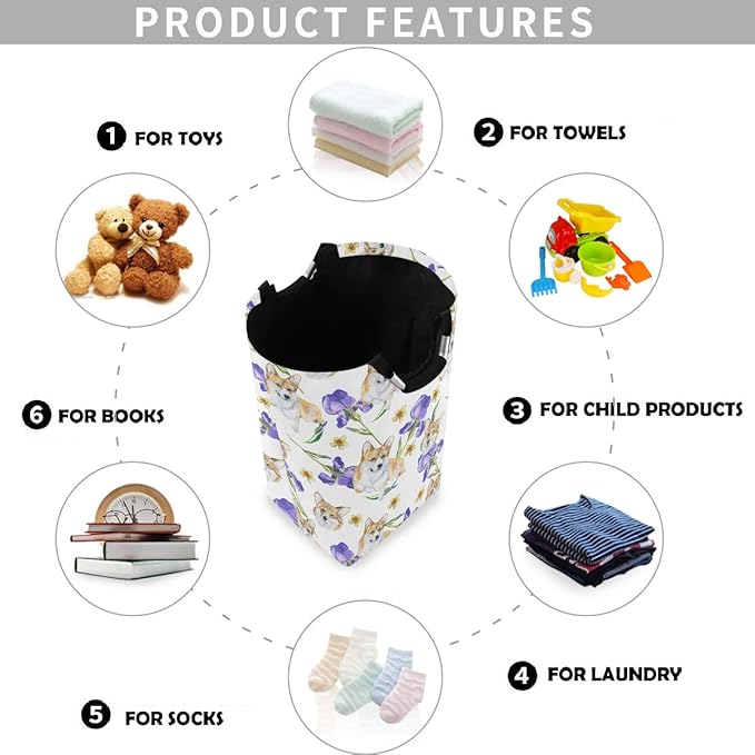 visesunny Collapsible Laundry Basket Purple Tulip Dog Animal Large Laundry Hamper with Handle Toys and Clothing Organization for Bathroom, Bedroom, Home, Dorm, Travel