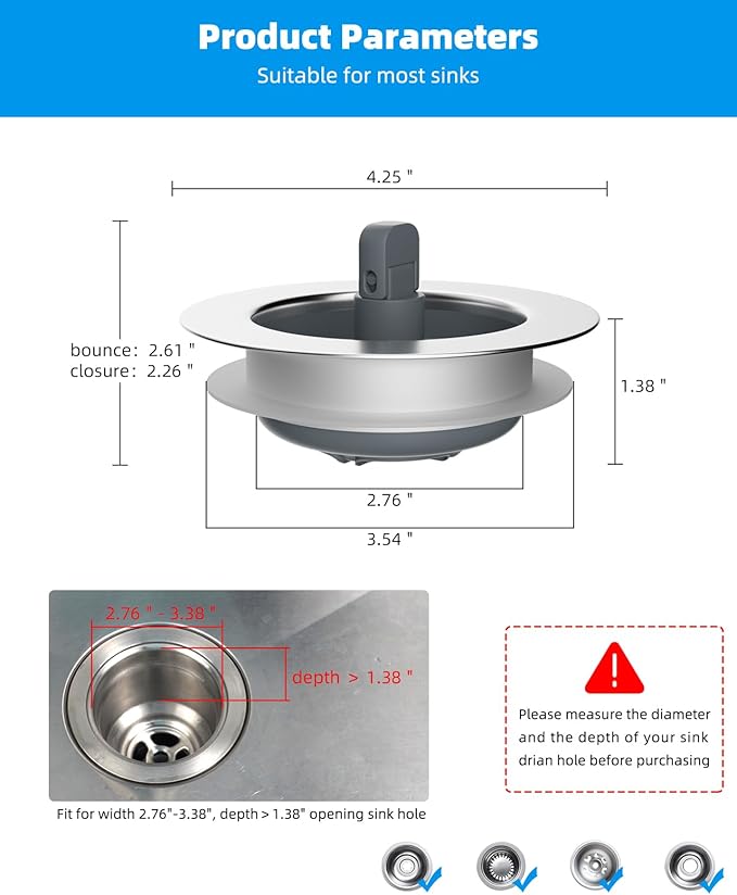 Hibbent 3 in 1 Kitchen Sink Drain Strainer and Stopper Combo, Chrome Stainless Steel Wraped Shell, 3 Anti-Clogging Basket Strainer with Foldable Handle for US Standard 3-1/2" Drain