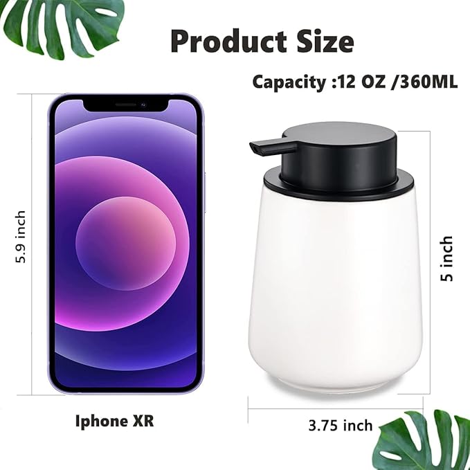 12Oz White Soap Dispenser Set - Ceramic Lotion Hand Soap Dispenser Set with Easy-to-Press Black Pump, Refillable Mordern Liquid Dish Soap Dispensers for Bathroom & Kitchen, 2 Pack
