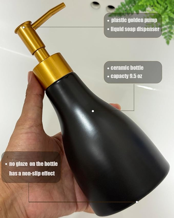 280ml Black Ceramic Liquid Soap Dispenser for Bathroom & Kitchen with Gold Pump,Refillable Countertop Hand Sanitizer Bottle,Chic Home Deco(Cone Black Bottle)