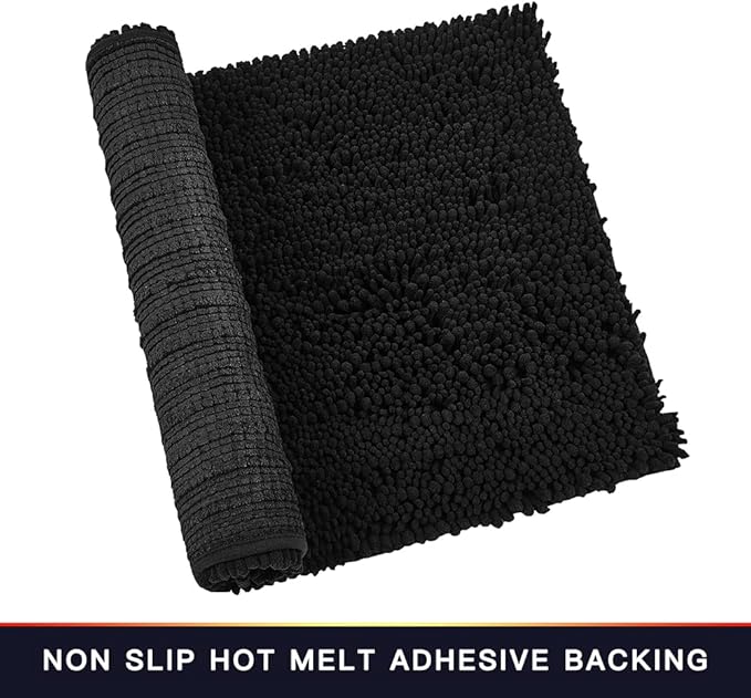Walensee Bathroom Rug Non Slip Bath Mat (24x17 Inch Black) Water Absorbent Super Soft Shaggy Chenille Machine Washable Dry Extra Thick Perfect Absorbant Best Small Plush Carpet for Shower Floor