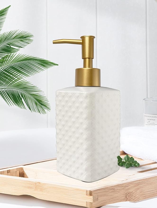 Chic Unique White Soap Dispenser for Bathroom with Golden Pump,Lotion Dispenser, Refillable Countertop Ceramic Hand Dispenser,Dish Dispenser for Kitchen 350ml(White Square Bottle)