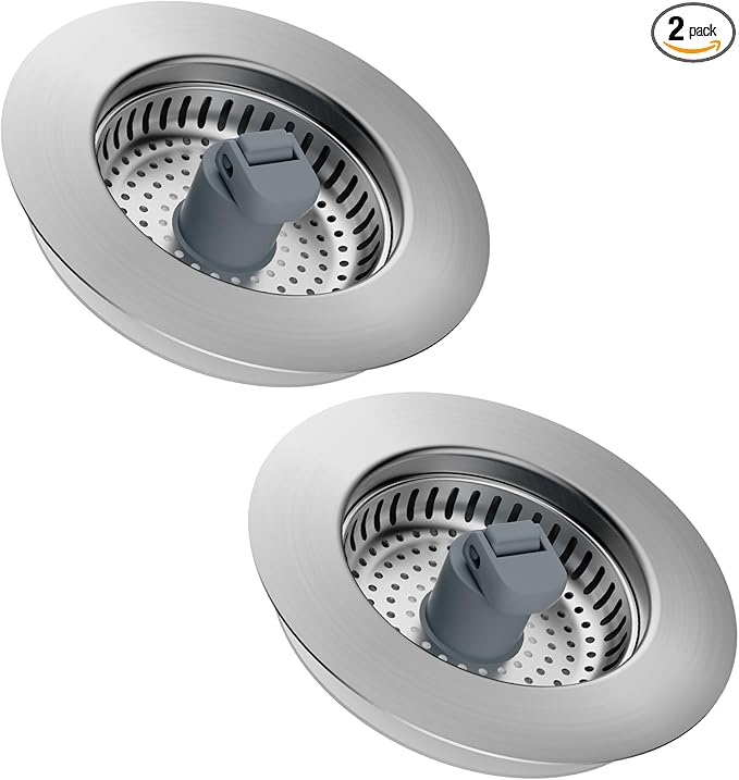 Hibbent 2 Pack 3 in 1 Kitchen Sink Drain Strainer, Stainless Steel Wrapped Shell Drain Stopper Combo, Pop Up Sink Stopper, Anti-Clogging Metal Basket Strainer with Handle for US Standard 3-1/2" Drain