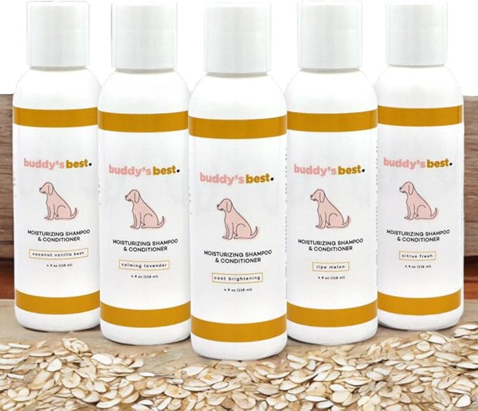Buddy’s Best 4oz Variety Pack Dog Shampoo and Conditioner with Shea Butter, Oatmeal, Biotin, and Aloe Vera, Alcohol-Free Deep Moisturizer for Dry, Itchy Skin and Coats