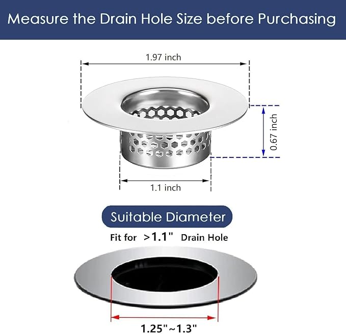 Bathroom Sink Strainer (3 Pack), Bathtub Drain Cover Lavatory Sink Drain Strainer Hair Catcher for Laundry Utility RV Sink, Stainless Steel Drain Filter. Fit Hole Size from 1.25" to 1.3"