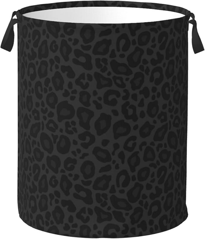 Black Leopard Print Laundry Hamper Bag With Waterproof Liner - Round Laundry Basket Foldable Clothes Storage Organizer For Bathroom Bedroom Nursery Dorm, M-19.6"X 15.7"
