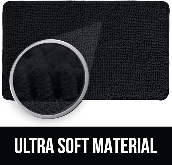 KANGAROO Bathroom Rugs, Chenille Soft Absorbent Bath Rug, Shaggy Shower Mat, Quick Dry Machine Wash Bathmat, Plush Carpet Mats for Tub, Bathtub and Room Home Decor Accessories, 30x20, Black