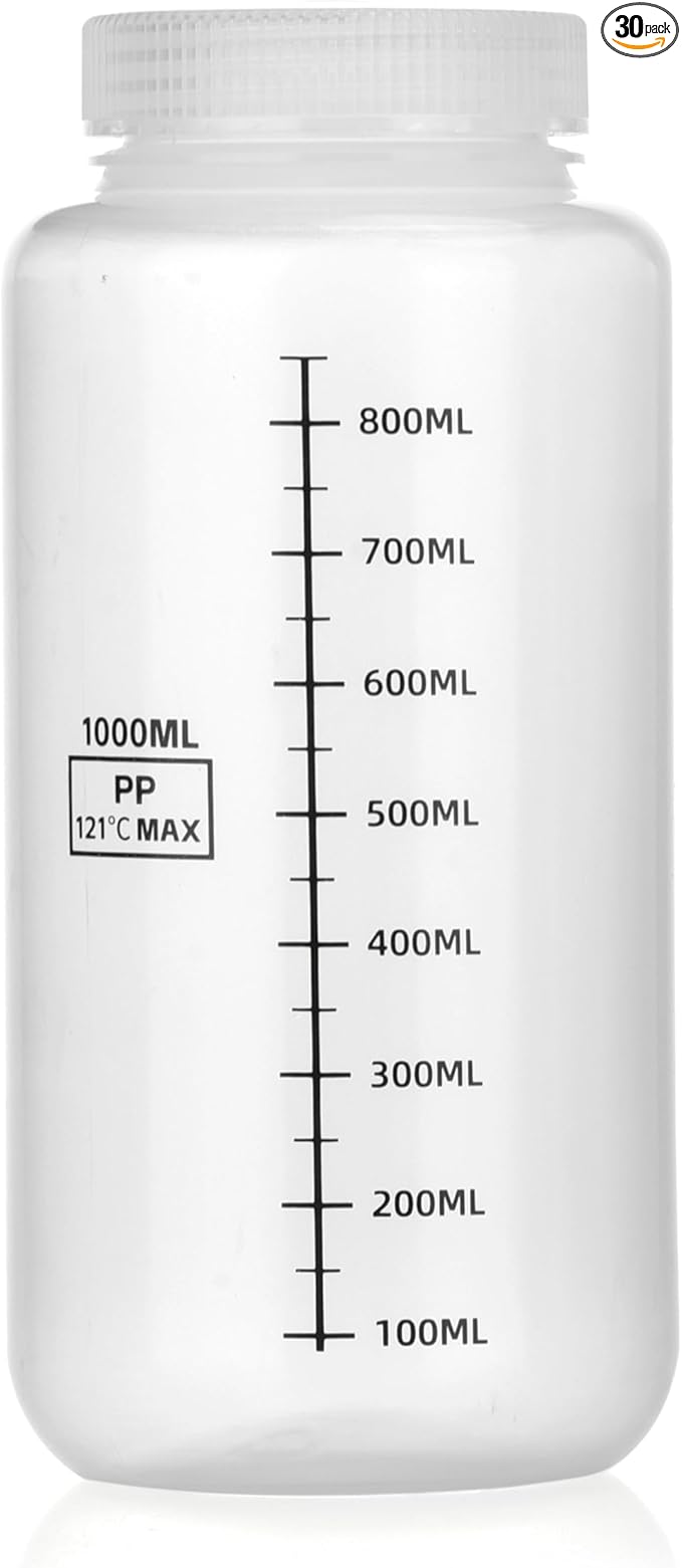 32oz/1000ml Wide Mouth Plastic Bottles, Graduated Food Grade Leak Proof PP Containers Jars with Airtight Lids for Water Sample Lab Reagent Liquid Medicine Storage (Transparent,30 * 1000ML)