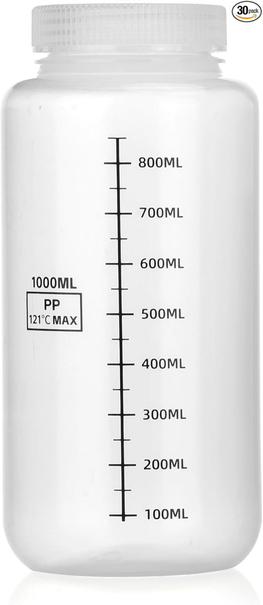 32oz/1000ml Wide Mouth Plastic Bottles, Graduated Food Grade Leak Proof PP Containers Jars with Airtight Lids for Water Sample Lab Reagent Liquid Medicine Storage (Transparent,30 * 1000ML)