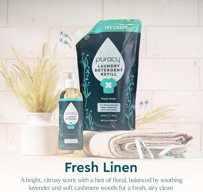 Puracy Laundry Detergent Refill - Enzyme-Powered Liquid Laundry Detergent Concentrate, Natural Laundry Detergent Seen on TikTok, Non-Toxic (Fresh Linen, 48 fl oz, 192 Loads)