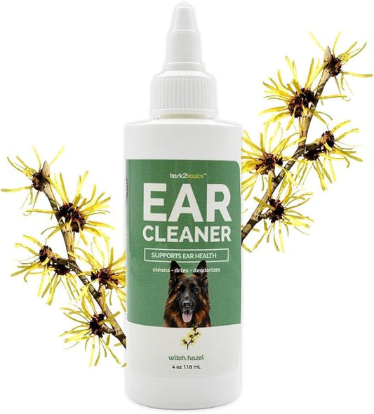 Bark2Basics Ear Cleaner for Dogs, 4 oz - All Natural, Witch Hazel, Alcohol Free, Gentle Aloe Vera and Chamomile Extract Base, Breaks Through Tough Wax