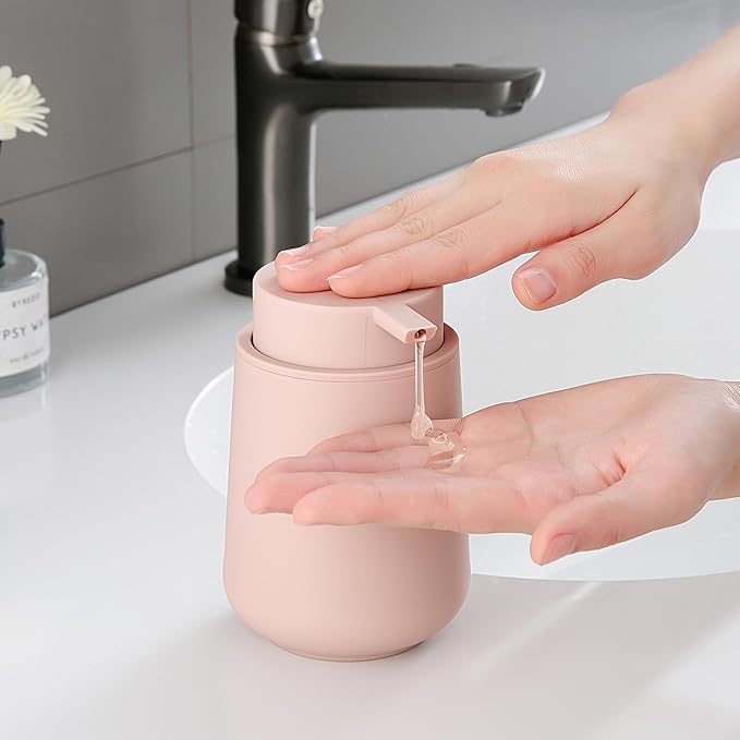 Matte Pink Liquid Hand Soap Dispenser Plastic 11 oz - Modern Minimalist Style for Bathroom & Kitchen Countertop Refillable