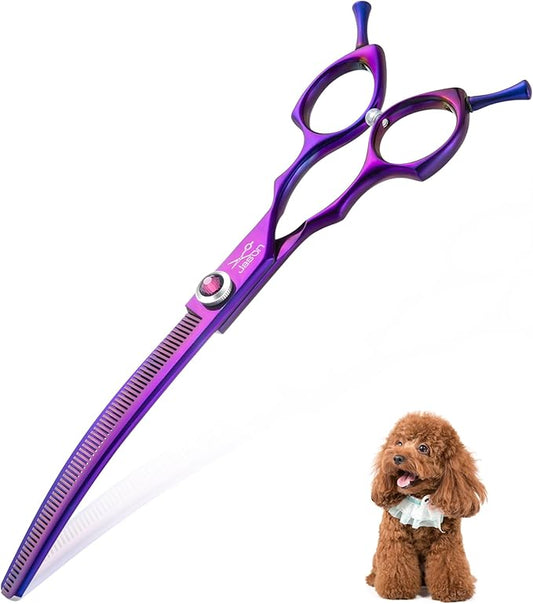 JASON 7.5" Dog Grooming Scissors - Professional Curved Thinning Shears for Grooming, Japanese 440C Stainless Steel Blender Shears with Diamond Adjustable Screw (65 Teeth, Purple)
