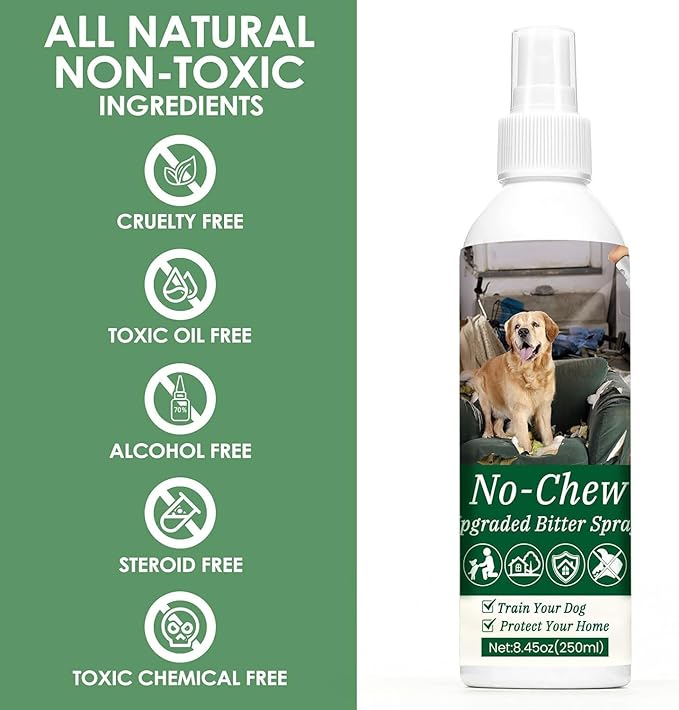 250ml No Chew Spray for Dogs, Bitter Apple Spray for Dogs Stop Chewing Licking of Furniture, Shoes, Bandages, Effective Indoor/Outdoor Dog Anti Chew Deterrent Training & Behavior Aids
