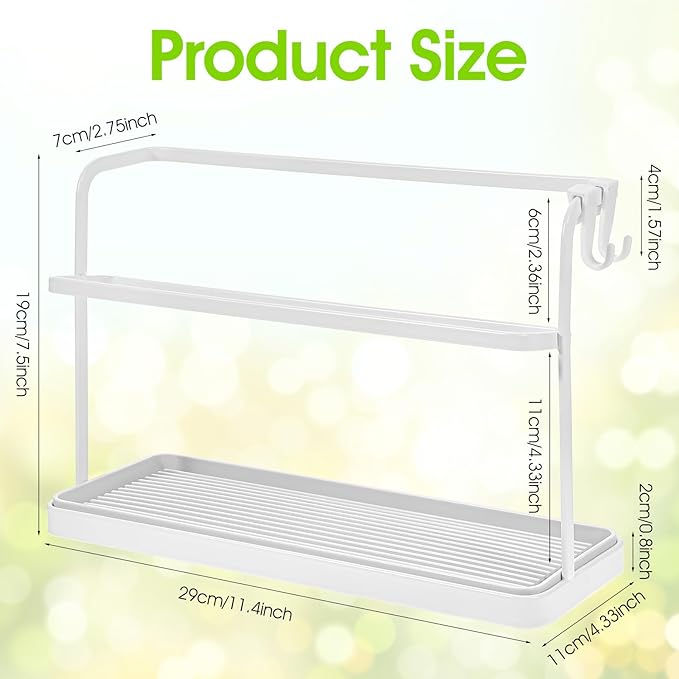 2 Pack Water Bottle Drying Rack with 2 Tier Holder – Space-Saving, Rust-Proof, Cup & Tumbler Organizer with Drain Tray & 2pcs Side Hooks for Kitchen Countertop (White, Carbon Steel)