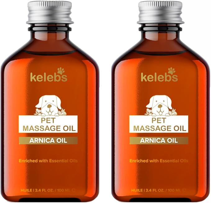 KELEBS Dog Arnica Massage Oil | Pain Relief for Muscles, Arthritis, HIPS, and Joints | for Active & Senior Dogs | Organic Essential Oil Blend with Arnica | Glass Bottle (2 Pack)