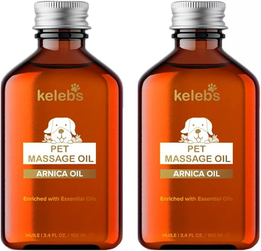 KELEBS Dog Arnica Massage Oil | Pain Relief for Muscles, Arthritis, HIPS, and Joints | for Active & Senior Dogs | Organic Essential Oil Blend with Arnica | Glass Bottle (2 Pack)