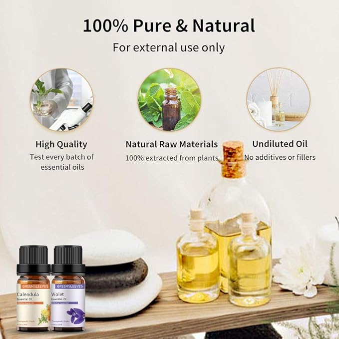 GREENSLEEVES Violet Calendula Essential Oil Set, 2 x 10ml Pure Plant-Based Fragrance Oil for Aromatherapy, Essential Oils for Diffuser, Massage, Bath Bomb, Scented Candle Soap Making