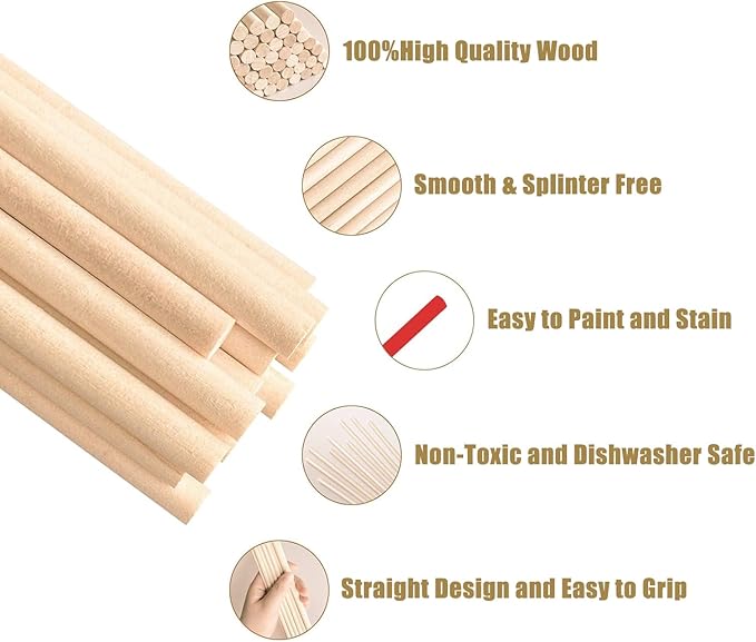 25PCS Dowel Rods Wood Sticks Wooden Dowel Rods - 1/4 x 12 Inch Precut Dowels for Crafting, Hardwood Dowel Rod Assortment, Wooden Rod Sticks Doweling Rods, Cake Dowels for Tiered Cakes