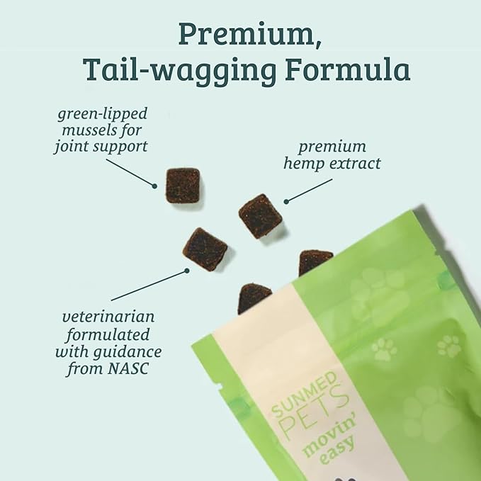 Sunmed Movin' Easy Hemp Pet Chews for Joint Health & Mobility – Omega-3, Green Lipped Mussels, 5mg Hemp Extract – Supports Flexibility & Comfort | Beef Liver & Sweet Potato, 40 Count