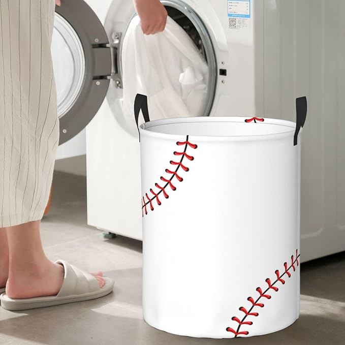 Baseball Texture Laundry Hamper Bag With Waterproof Liner - Round Laundry Basket Foldable Clothes Storage Organizer For Bathroom Bedroom Nursery Dorm, S-16.5"X 13.8"
