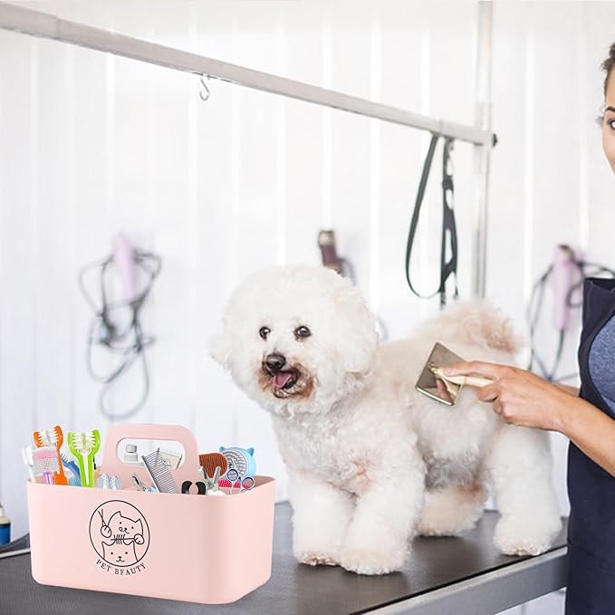 5-Compartment Pink Dog Stuff Storage Caddy for Grooming Supplies, Portable Organizer with Handle