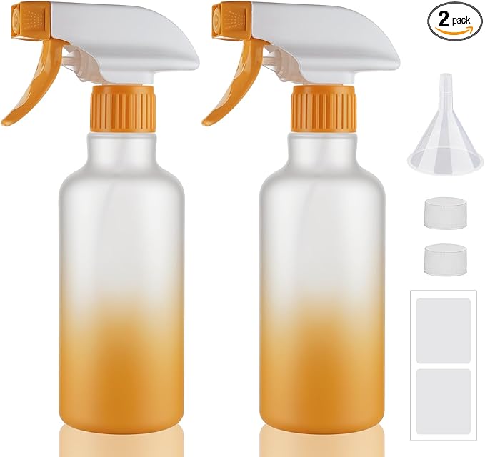 Plastic Spray Bottles 12oz 2 Pack Adjustable Mist/Stream Spraying Heavy Duty Square Water Spray Bottles for Hair, Cleaning Solutions, Plants，Essential Oils (Yellow)